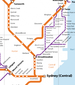 Map showing (roughly) parts of TrainLink's North Coast Line (orange).