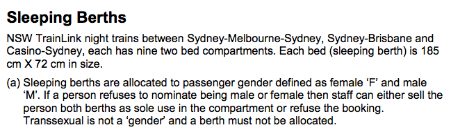 NSW TrainLink claims in its business rules that transsexual is not a gender