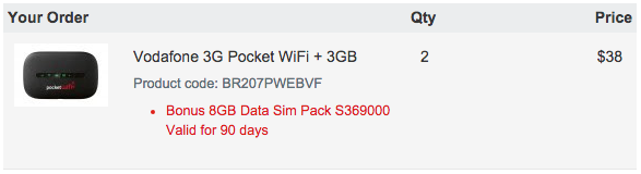 Invoice summary showing my Vodafone 3G Modem + data purchase. 22GB for $38!