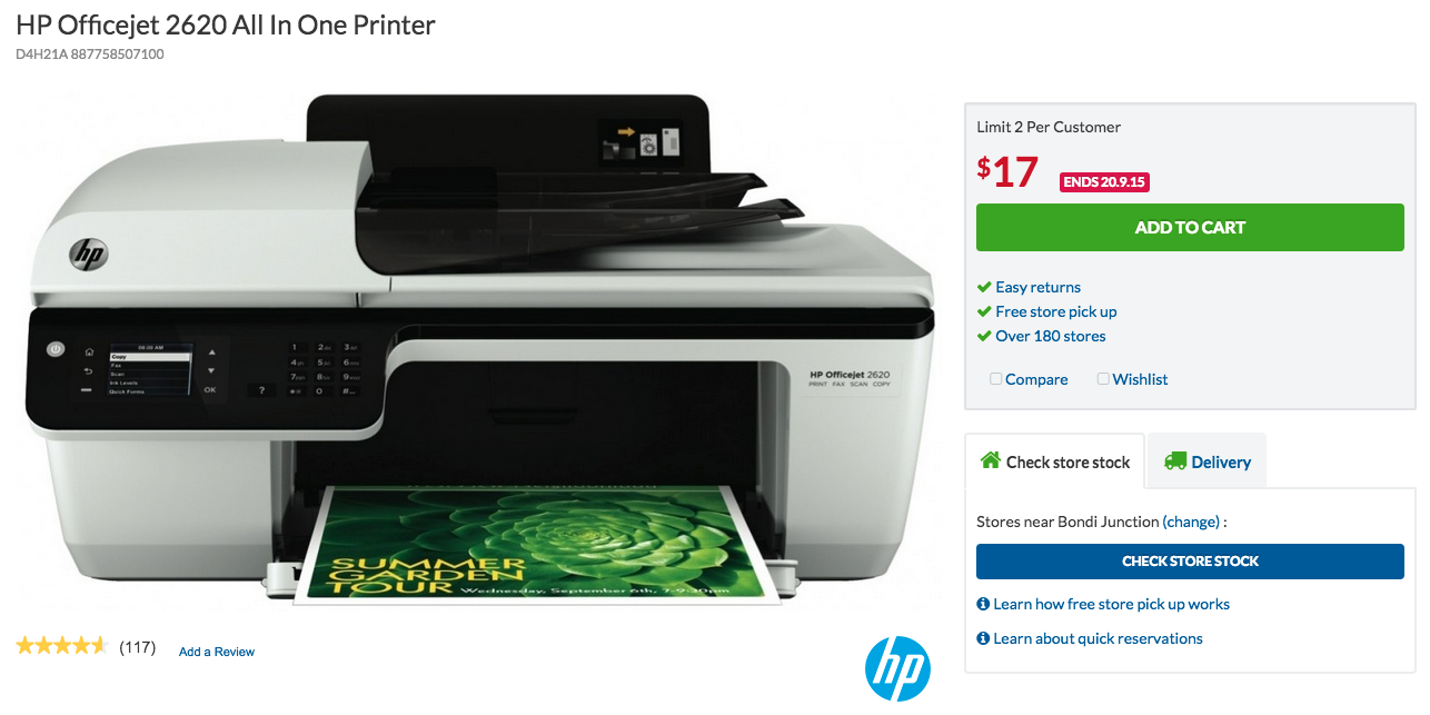 Harvey Norman selling the HP Officejet 2620 All In One Printer for $17