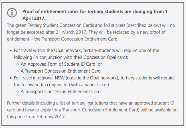 Transport Concession Entitlement Card is coming in April 2017 for Tertiary Concession Holders