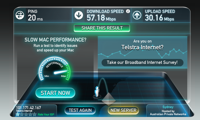 Solid speeds of 57/30Mbps over Telstra 4GX in Forster, NSW